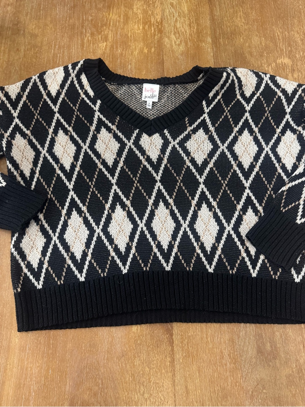 Belle Du Jour Black and Cream Argyle V-Neck Sweater